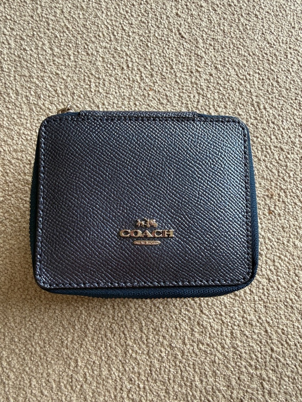 Coach Navy Textured Leather Zip Wallet with Gold Logo